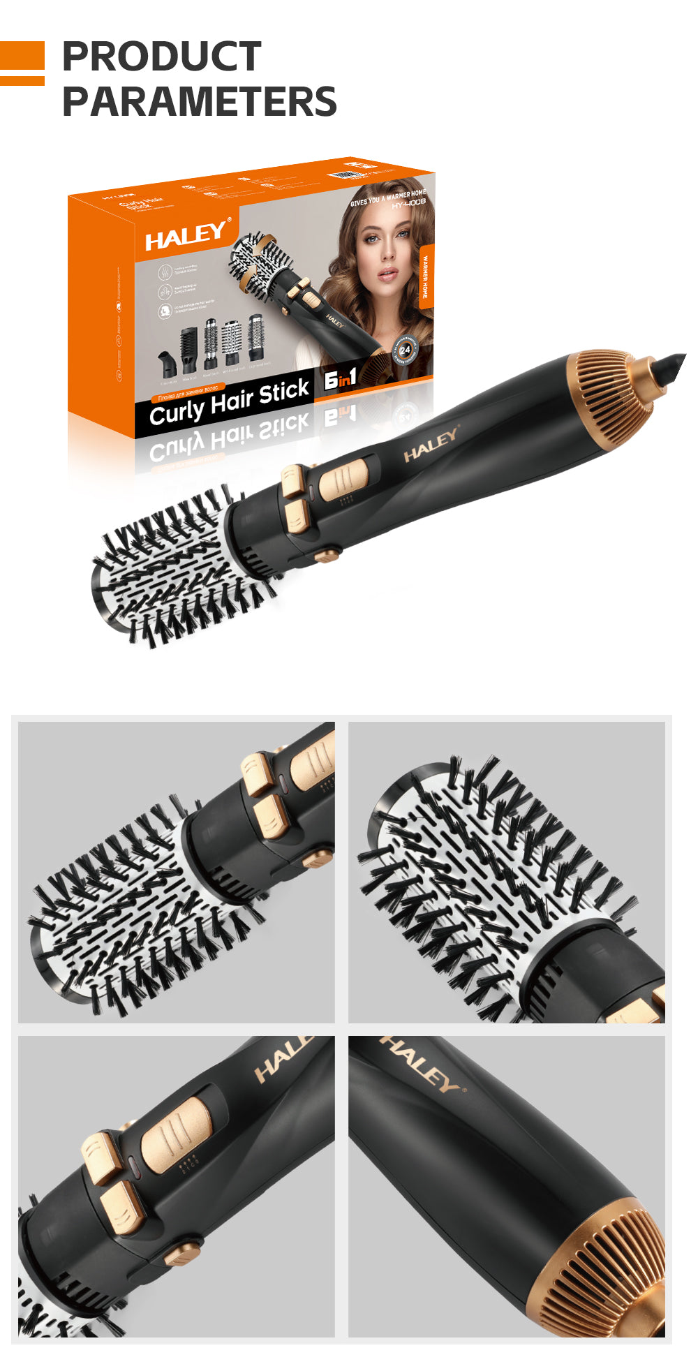 Perie Rotativă cu Uscător HALEY 6 în 1, 1200W, Capete Interșchimbabile, 3 Trepte, Încălzire Rapidă, Protecție Păr, Design Negru